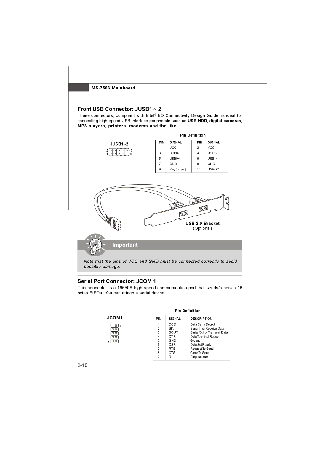 Microstar G41M manual Front USB Connector JUSB1 ~, Serial Port Connector Jcom, JUSB1~2, USB 2.0 Bracket, JCOM1 