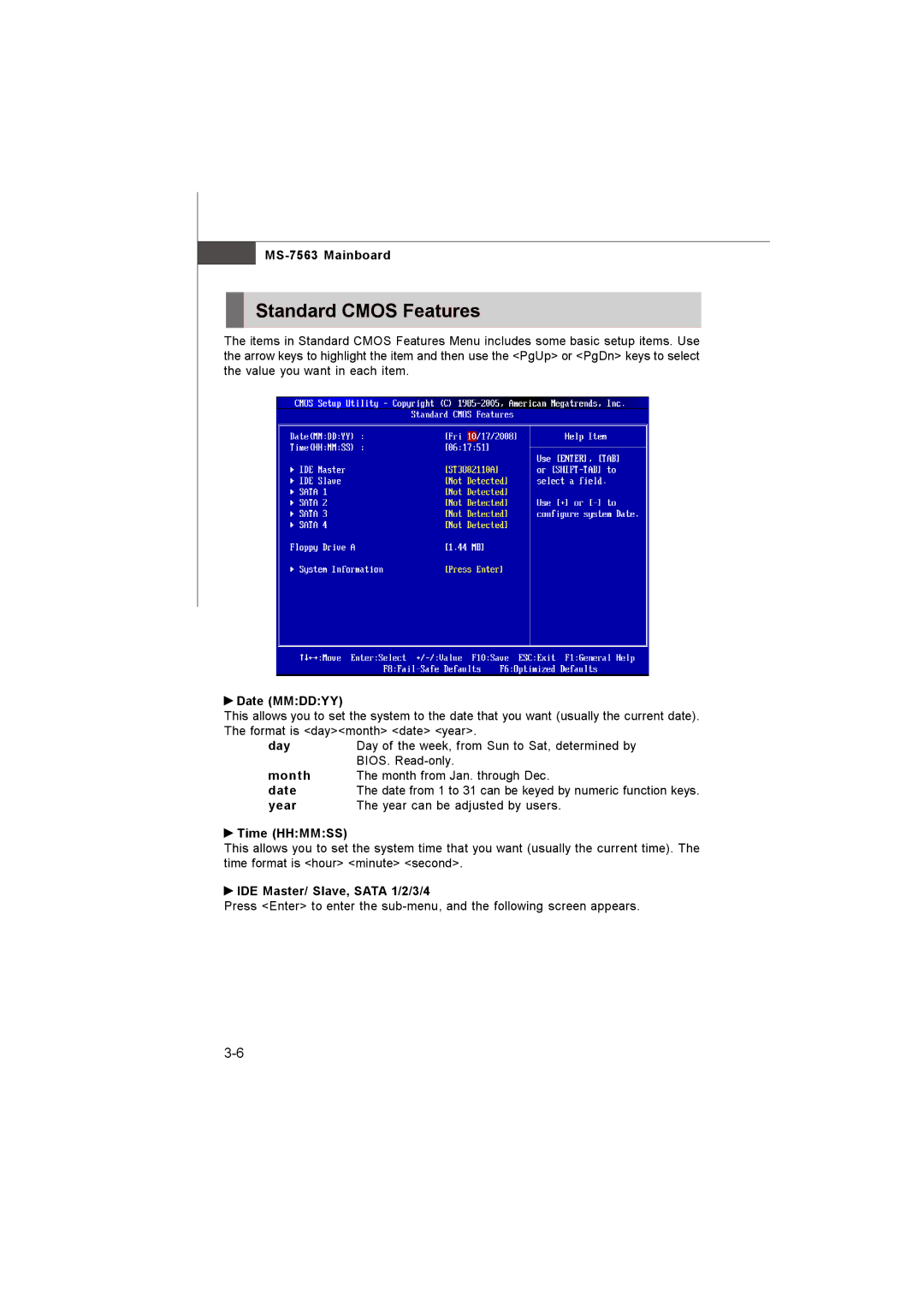 Microstar G41M manual Standard Cmos Features 