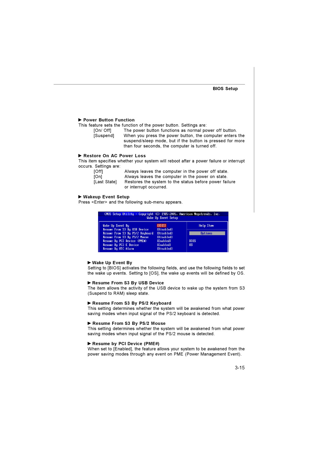 Microstar G41M manual Bios Setup Power Button Function, Restore On AC Power Loss, Wakeup Event Setup, Wake Up Event By 