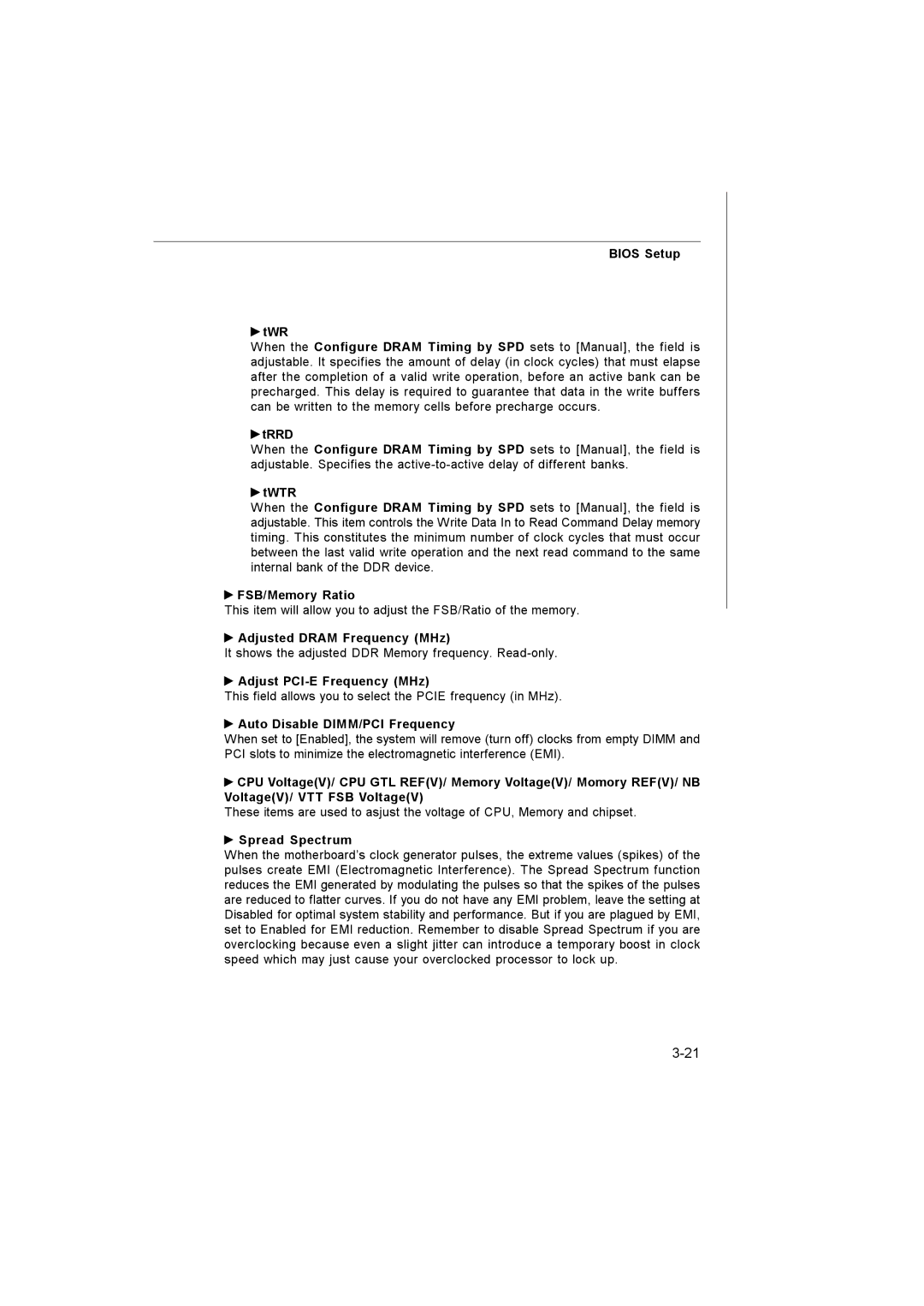 Microstar G41M manual Bios Setup TWR, Trrd, Twtr, FSB/Memory Ratio, Adjusted Dram Frequency MHz, Adjust PCI-E Frequency MHz 