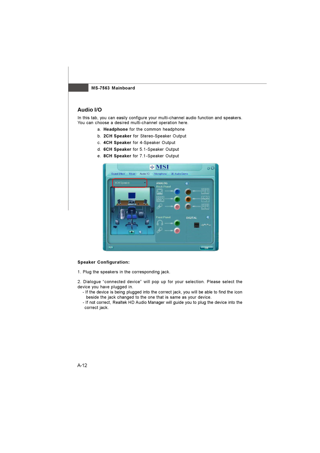 Microstar G41M manual Audio I/O, Speaker Configuration 