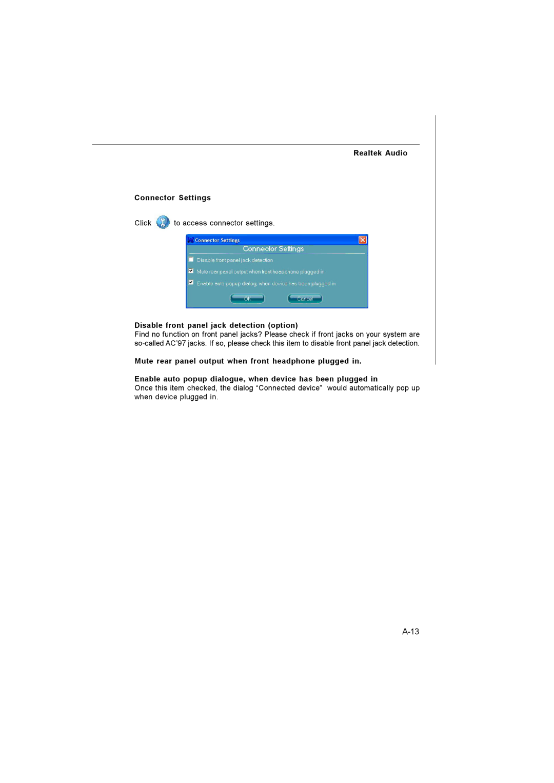 Microstar G41M manual Realtek Audio Connector Settings, Disable front panel jack detection option 