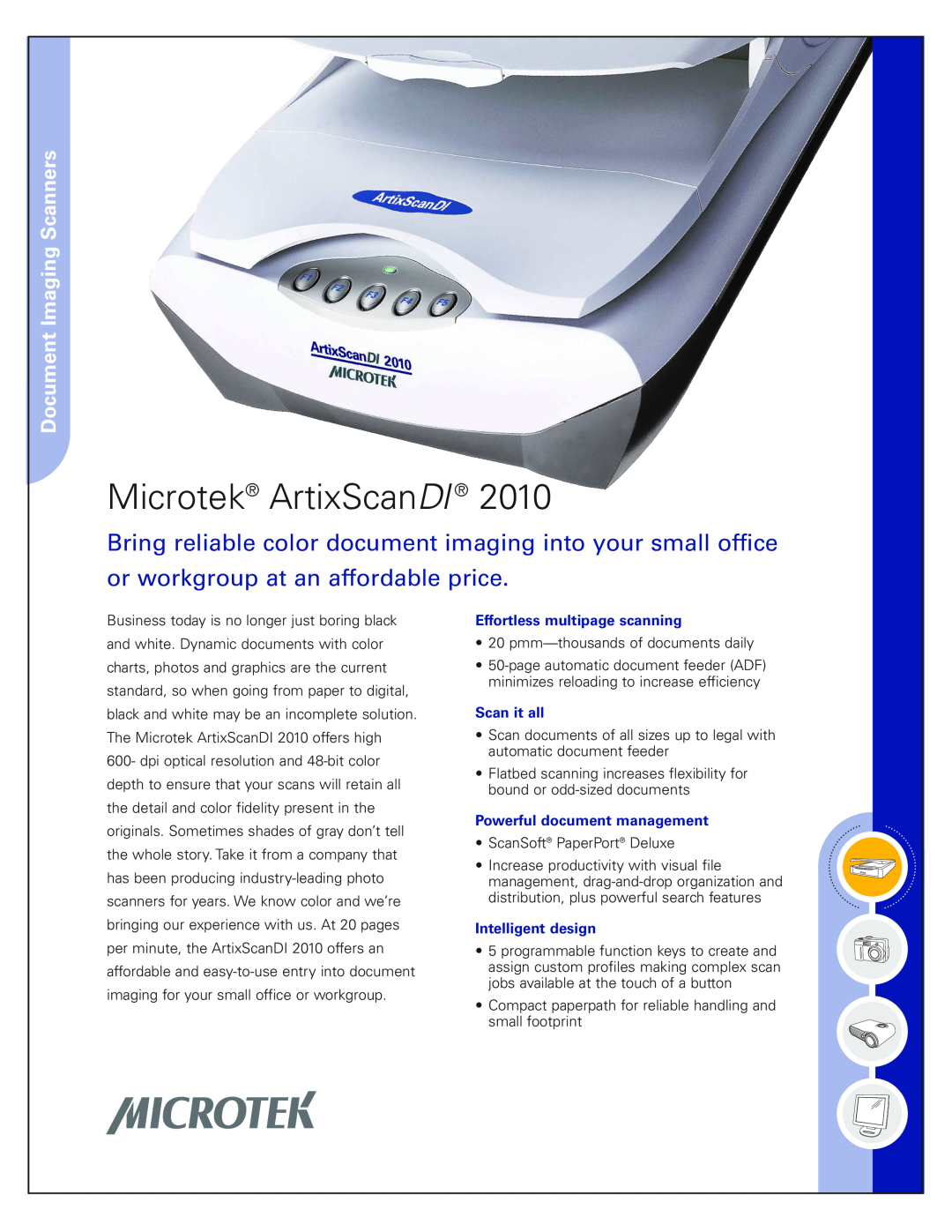 Microtek 2010 manual Effortless multipage scanning, Scan it all, Powerful document management, Intelligent design 