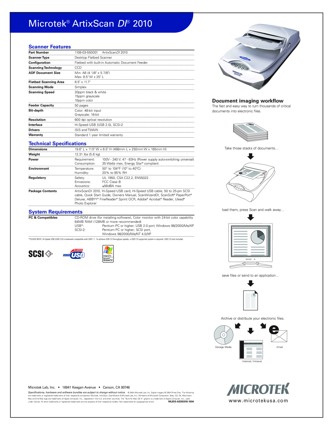 Microtek 2010 manual Scanner Features, Technical Specifications, System Requirements, Microtek ArtixScan DI 