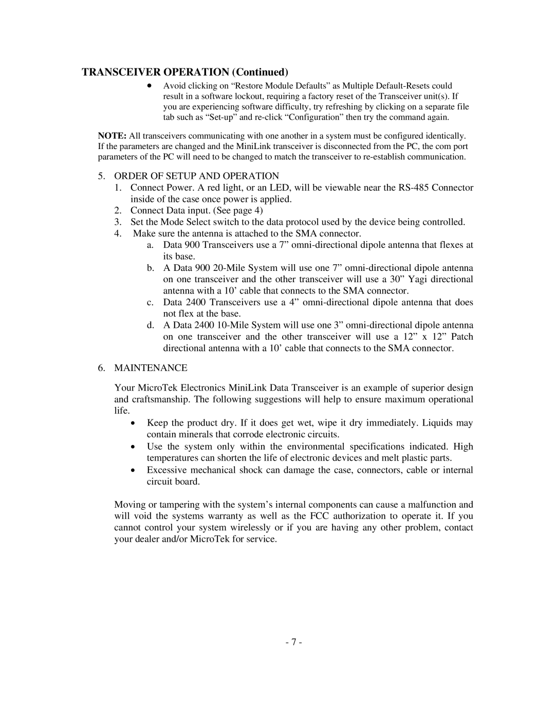 Microtek 2400 MHz Series, 900 MHz Series manual Order of Setup and Operation, Maintenance 