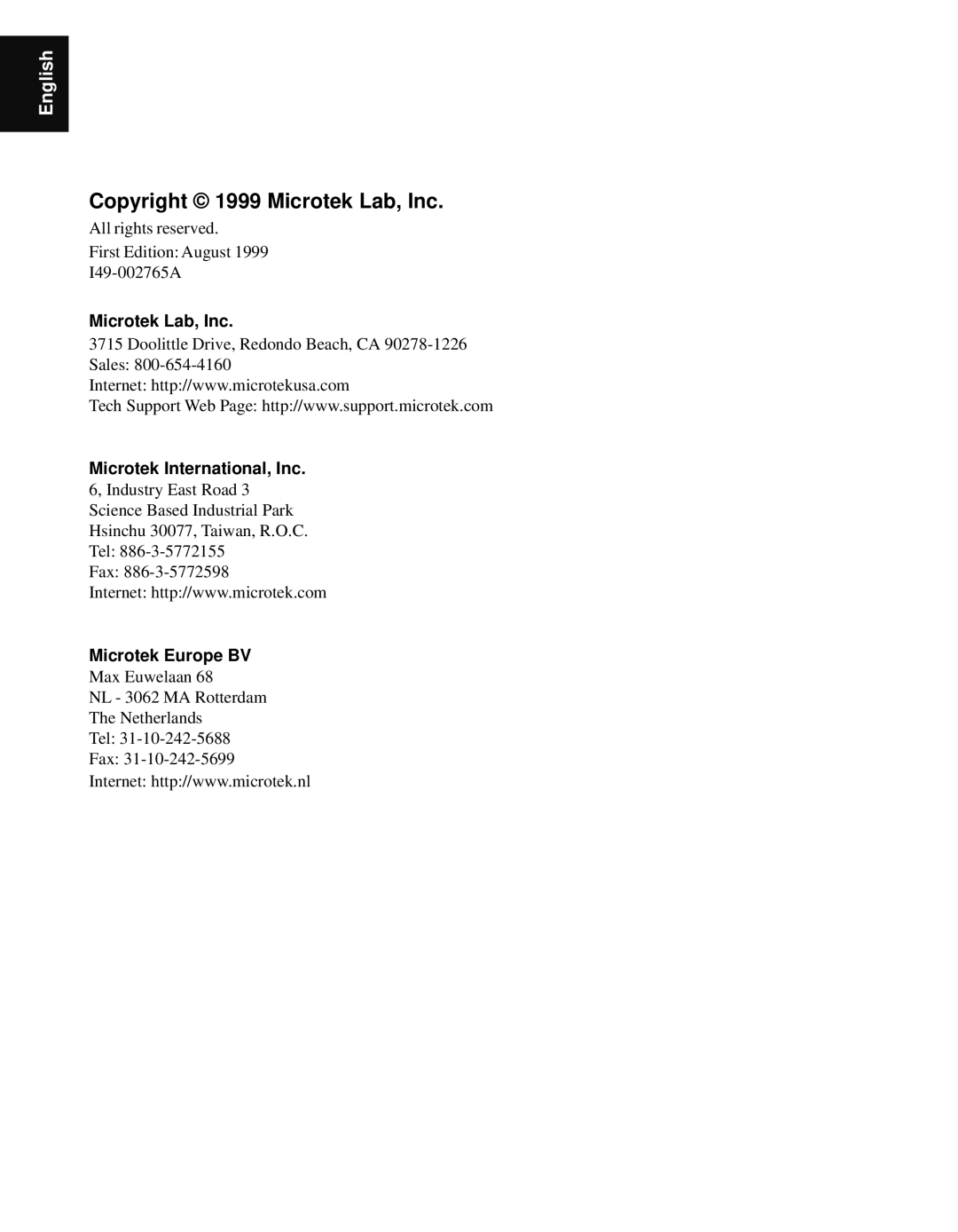 Microtek Artix Scan1100 manual Copyright 1999 Microtek Lab, Inc 