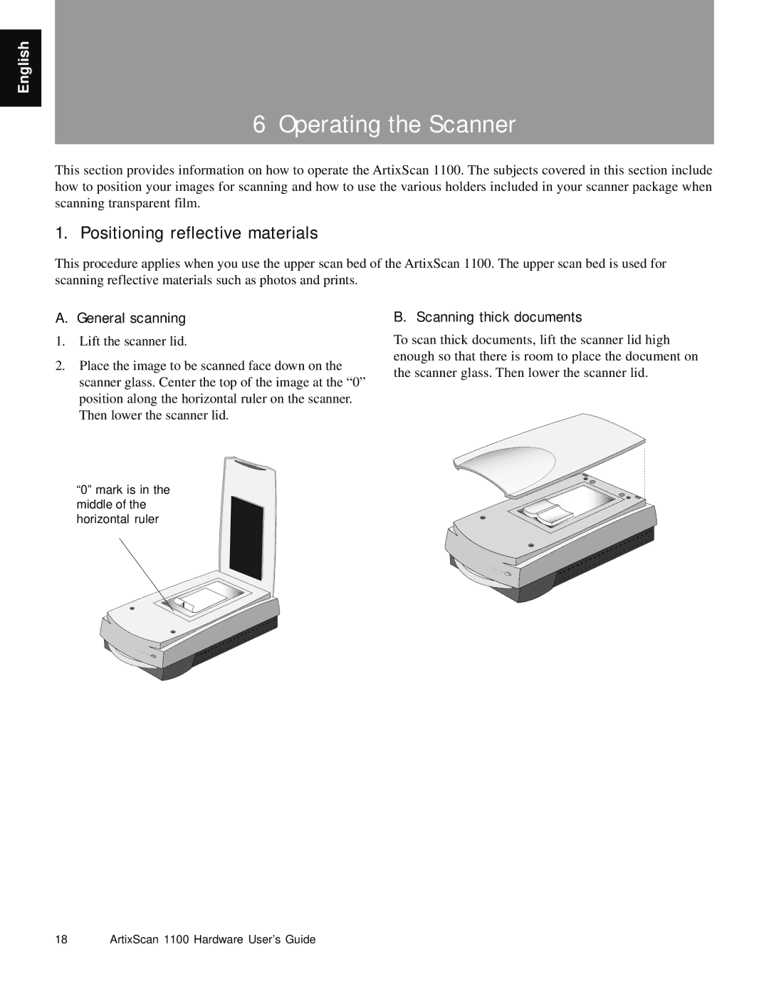 Microtek Artix Scan1100 manual Operating the Scanner, Positioning reflective materials, General scanning 