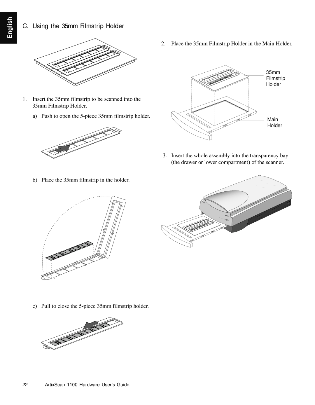 Microtek Artix Scan1100 manual Using the 35mm Filmstrip Holder 