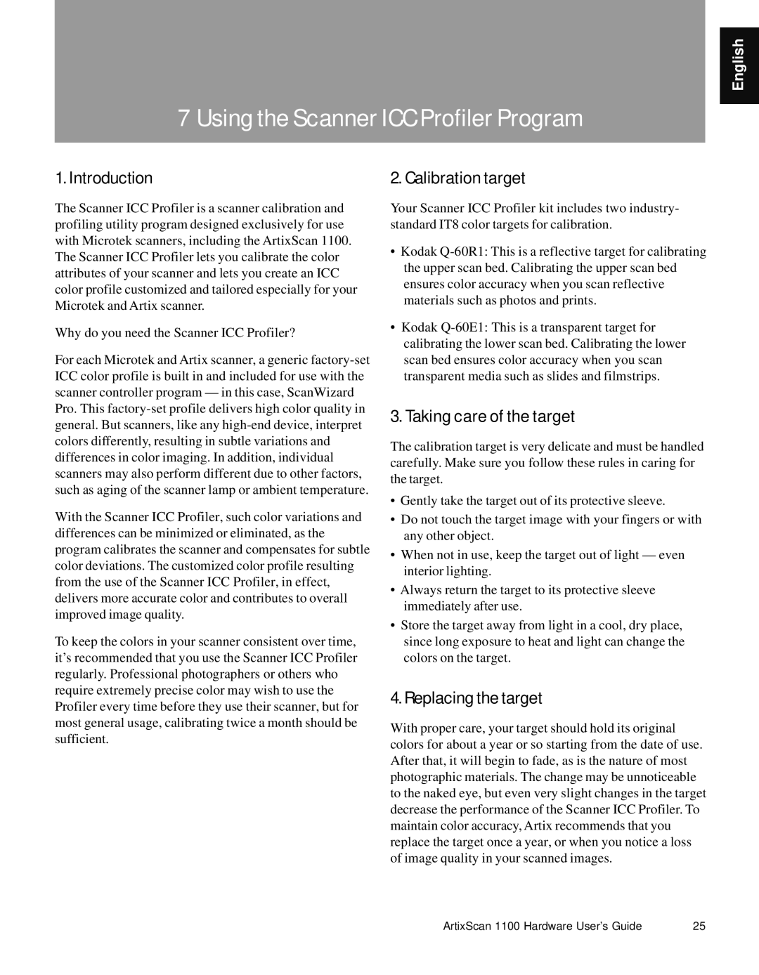 Microtek Artix Scan1100 Using the Scanner ICC Profiler Program, Introduction, Calibration target, Replacing the target 