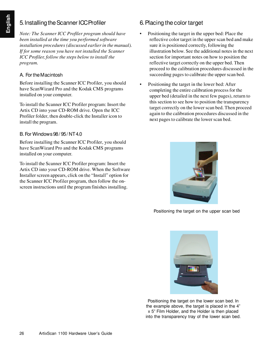 Microtek Artix Scan1100 manual Installing the Scanner ICC Profiler, Placing the color target, For the Macintosh 