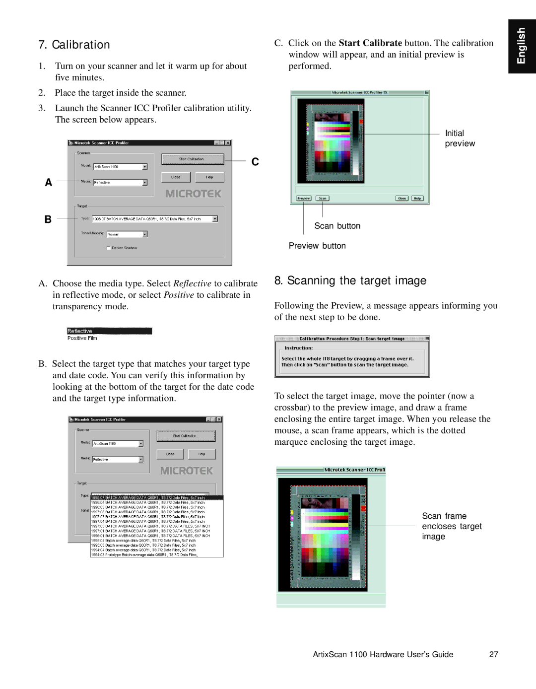 Microtek Artix Scan1100 manual Calibration, Scanning the target image 