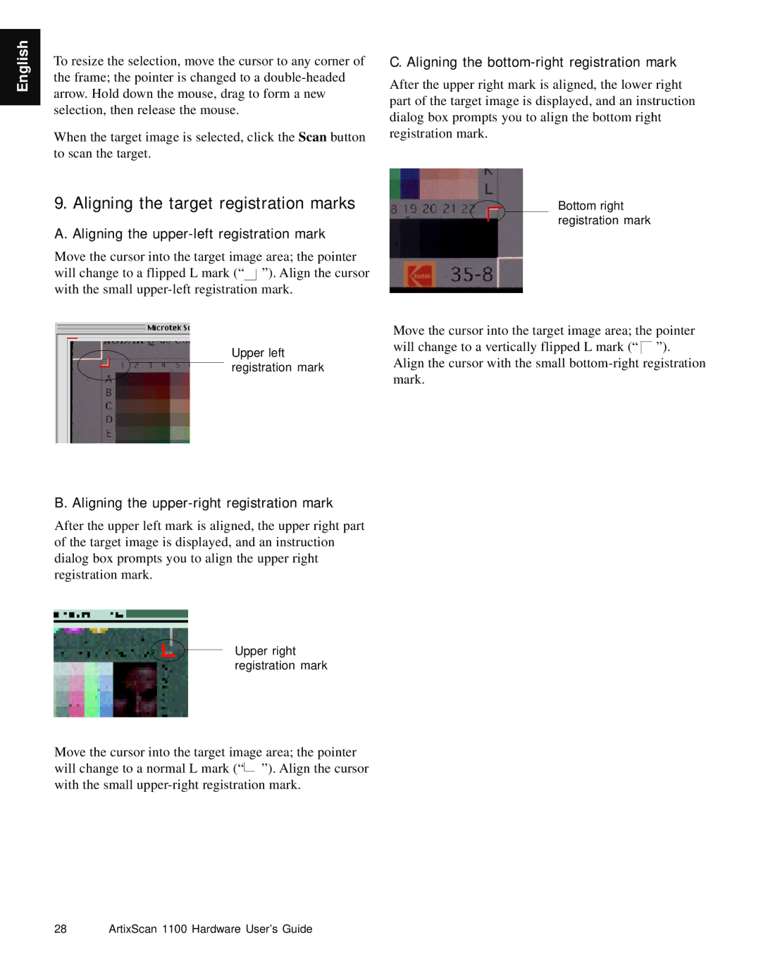 Microtek Artix Scan1100 manual Aligning the target registration marks, Aligning the upper-left registration mark 
