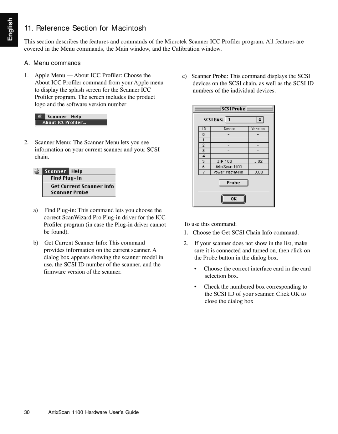 Microtek Artix Scan1100 manual Reference Section for Macintosh, Menu commands 