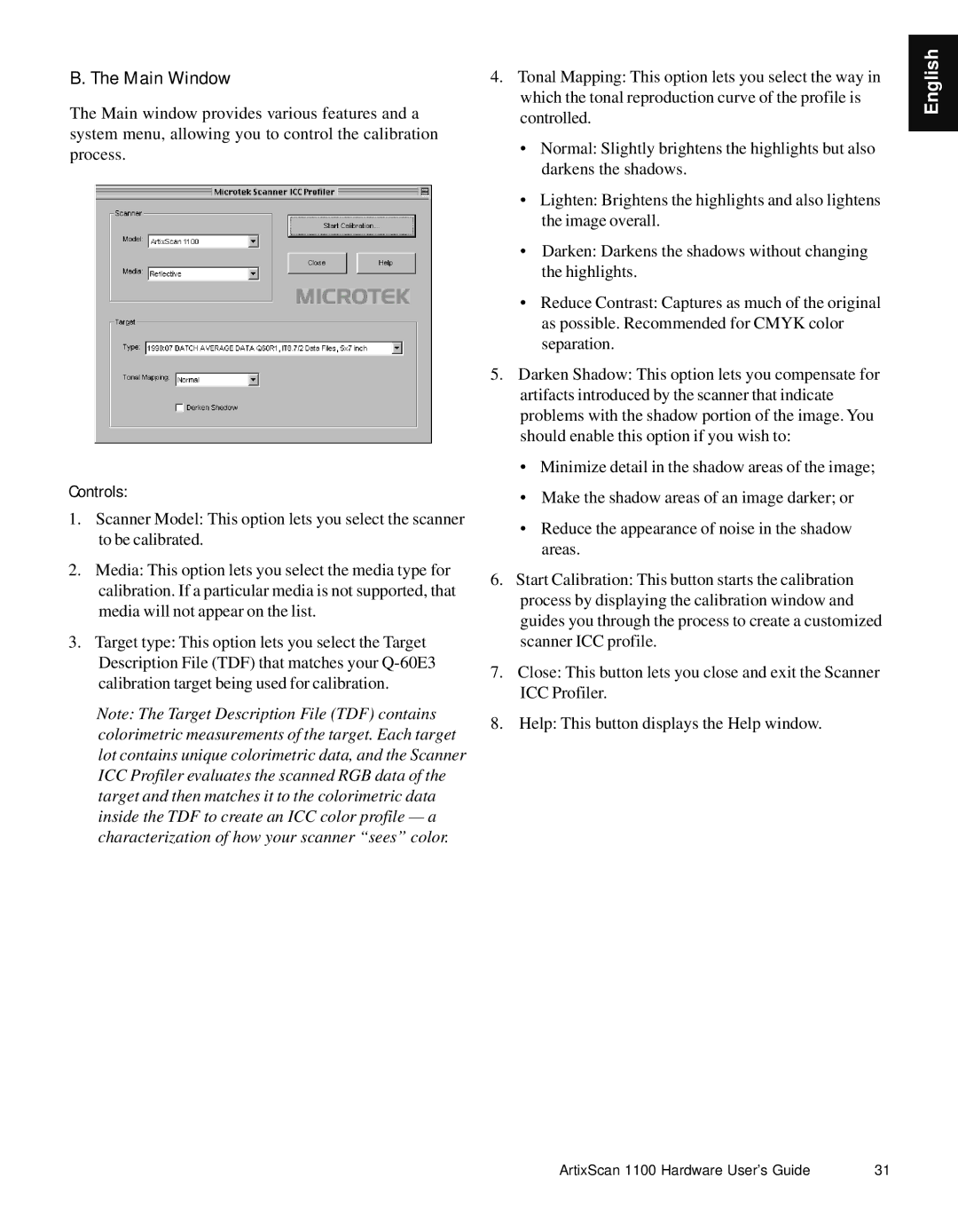 Microtek Artix Scan1100 manual Main Window, Controls 