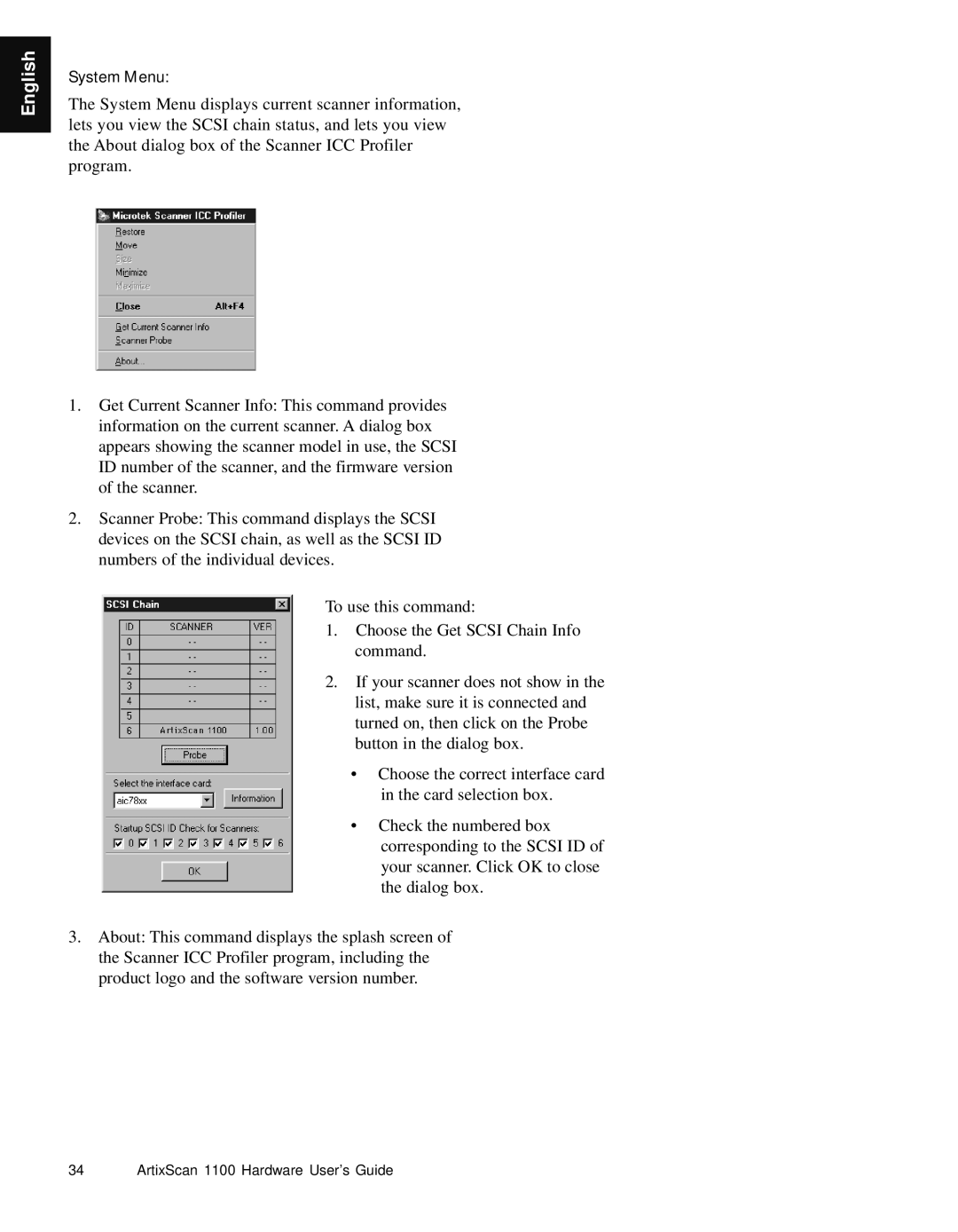 Microtek Artix Scan1100 manual System Menu 