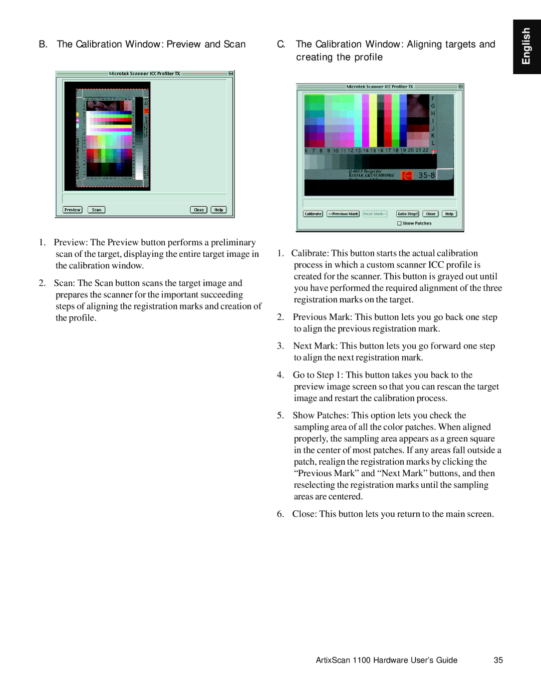 Microtek Artix Scan1100 manual Calibration Window Preview and Scan 