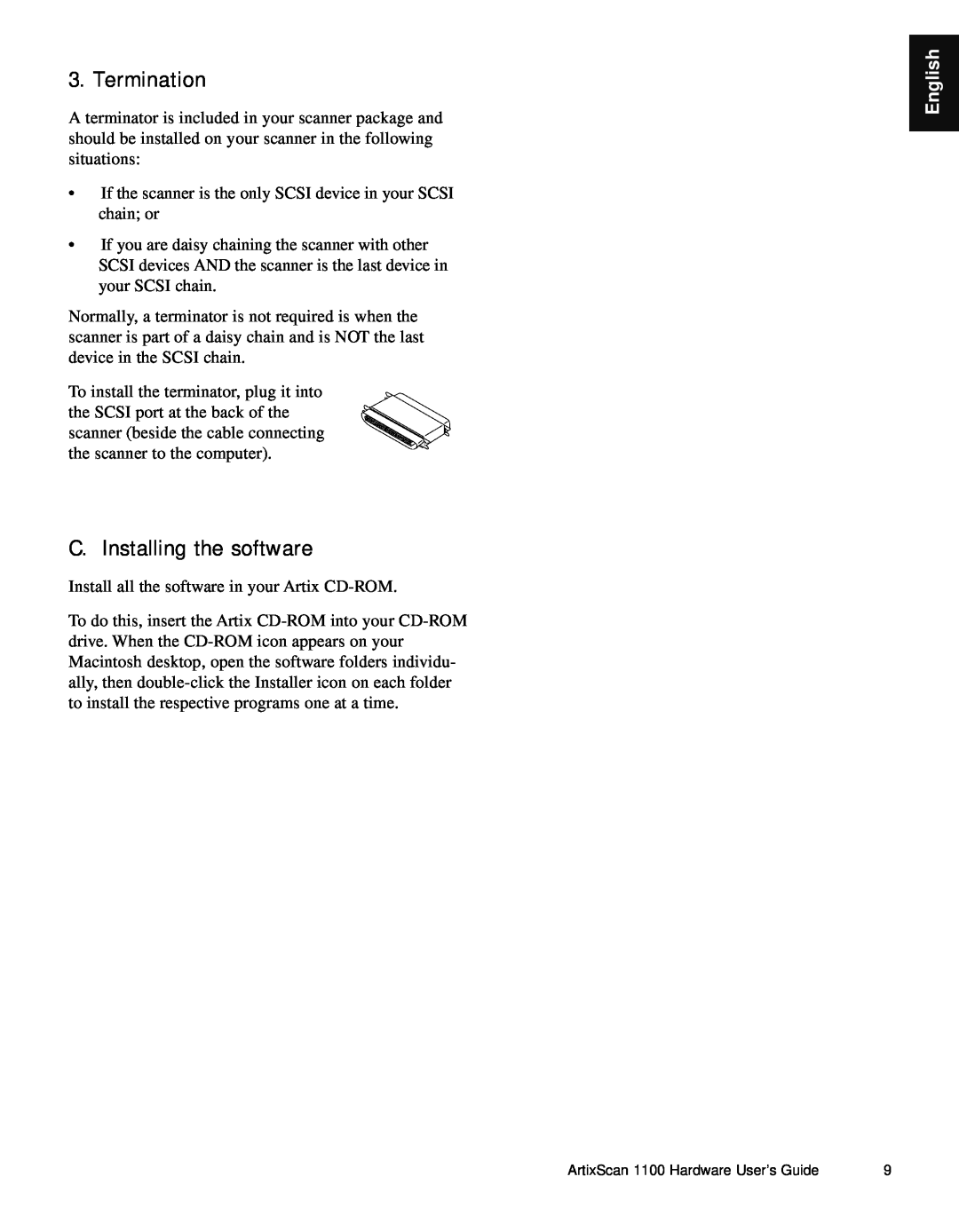 Microtek Artix Scan1100 manual Termination, C. Installing the software, English 