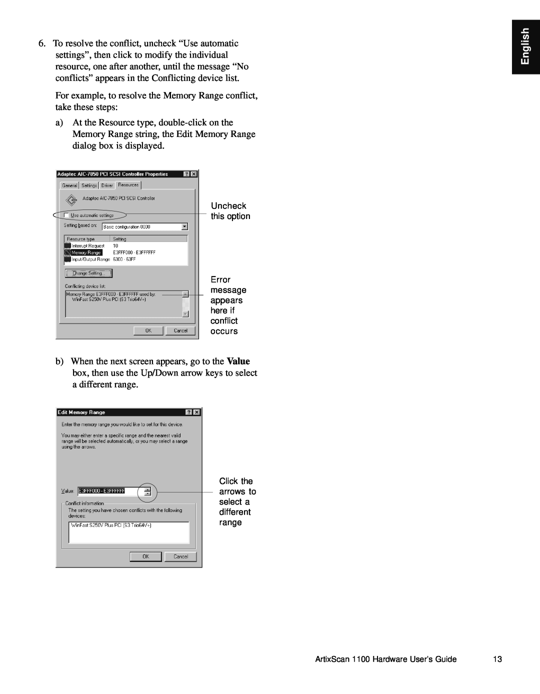 Microtek Artix Scan1100 manual English, For example, to resolve the Memory Range conflict, take these steps 