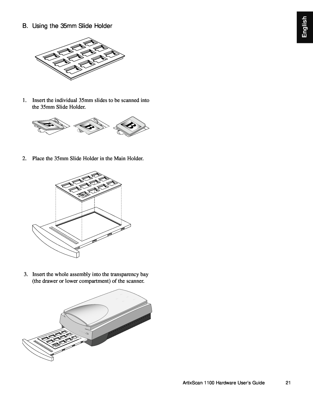 Microtek Artix Scan1100 manual B. Using the 35mm Slide Holder, English 