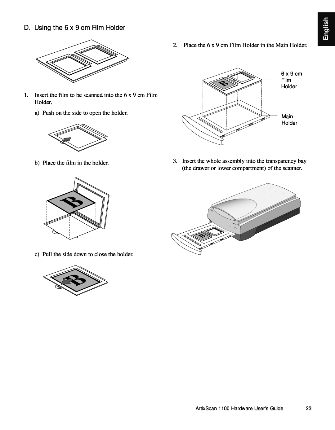 Microtek Artix Scan1100 manual D. Using the 6 x 9 cm Film Holder, English, 6 x 9 cm Film Holder Main Holder 