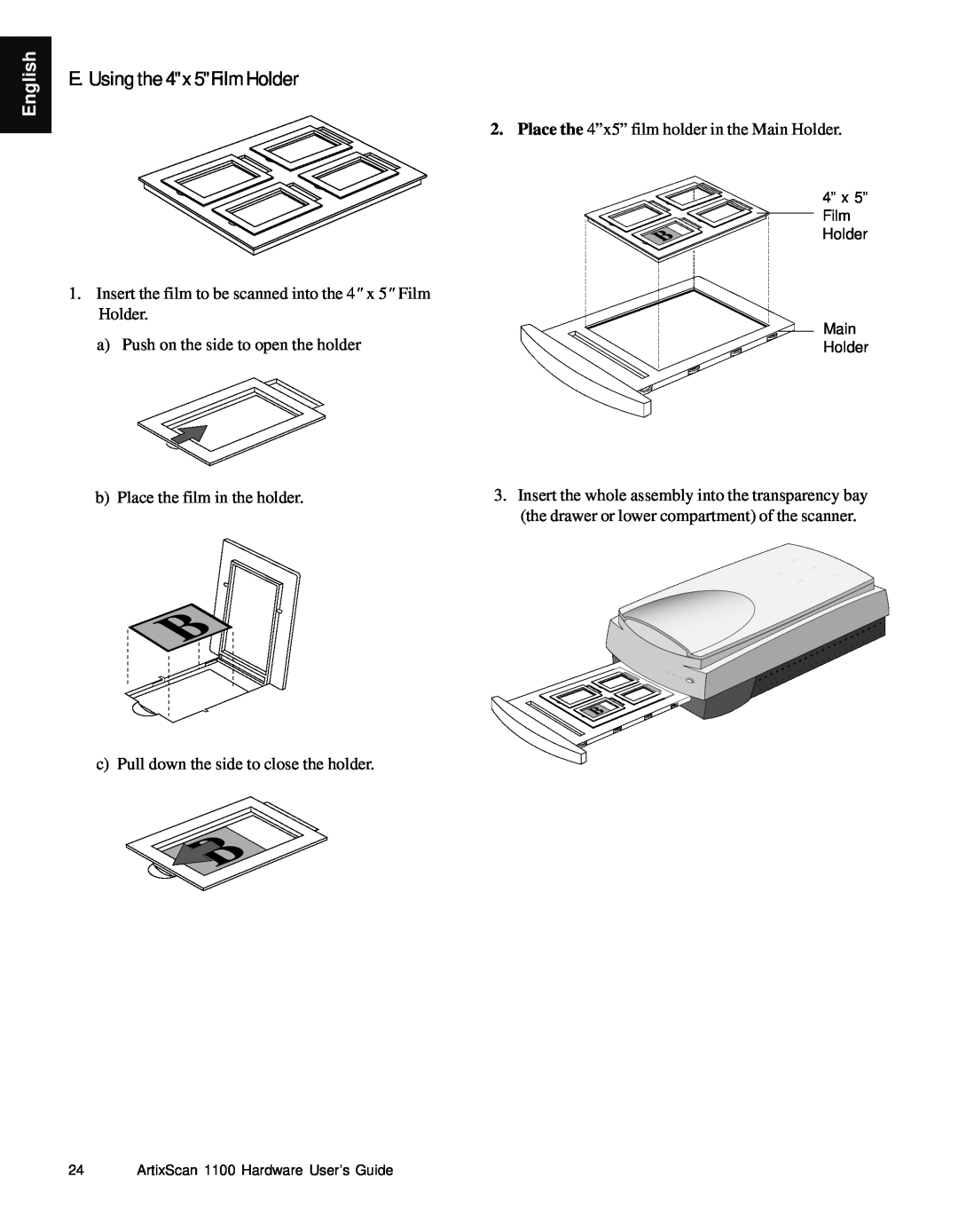 Microtek Artix Scan1100 manual E. Using the 4 x 5 Film Holder, English, 4” x 5” Film Holder Main Holder 