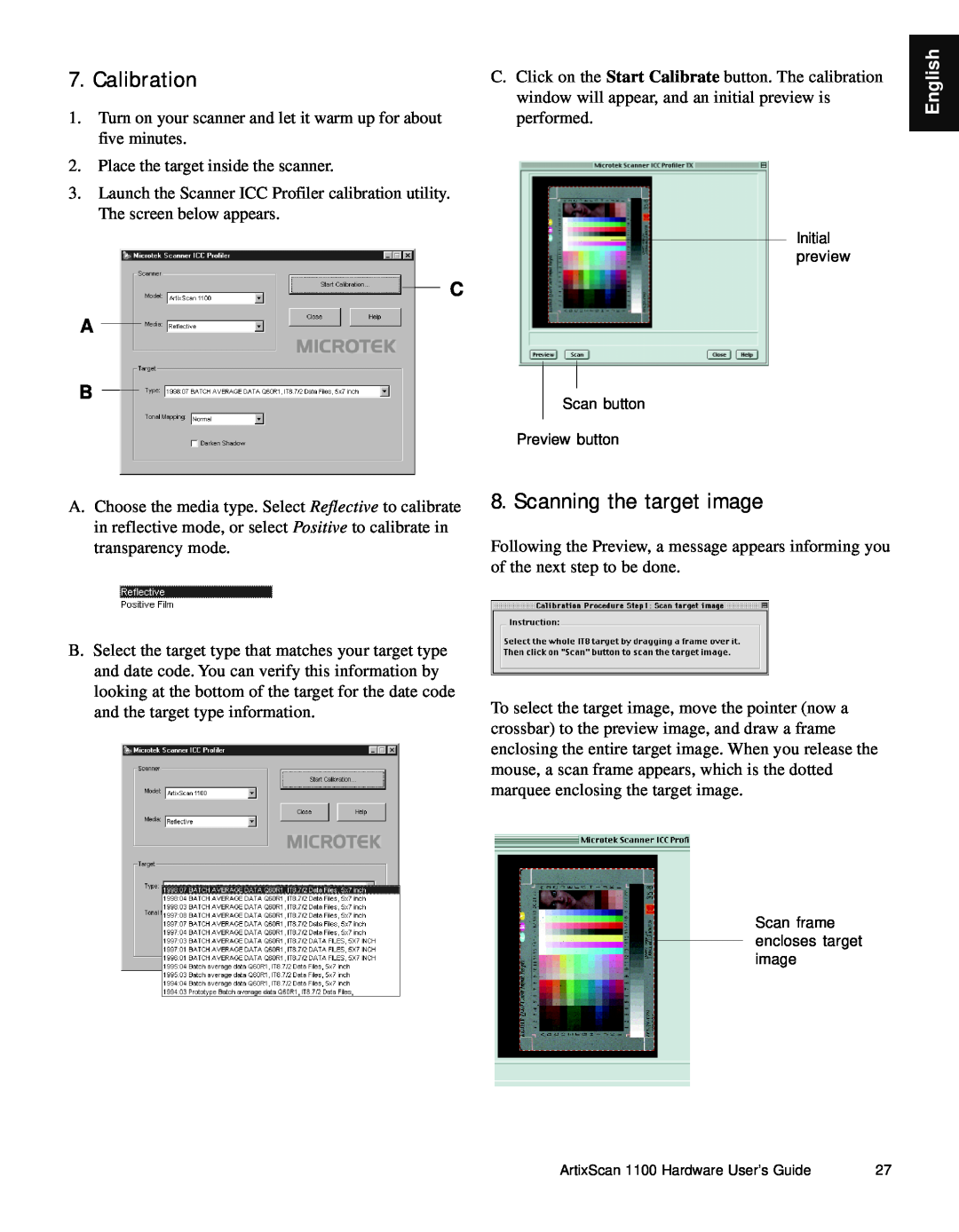 Microtek Artix Scan1100 manual Calibration, Scanning the target image, C A B, English 