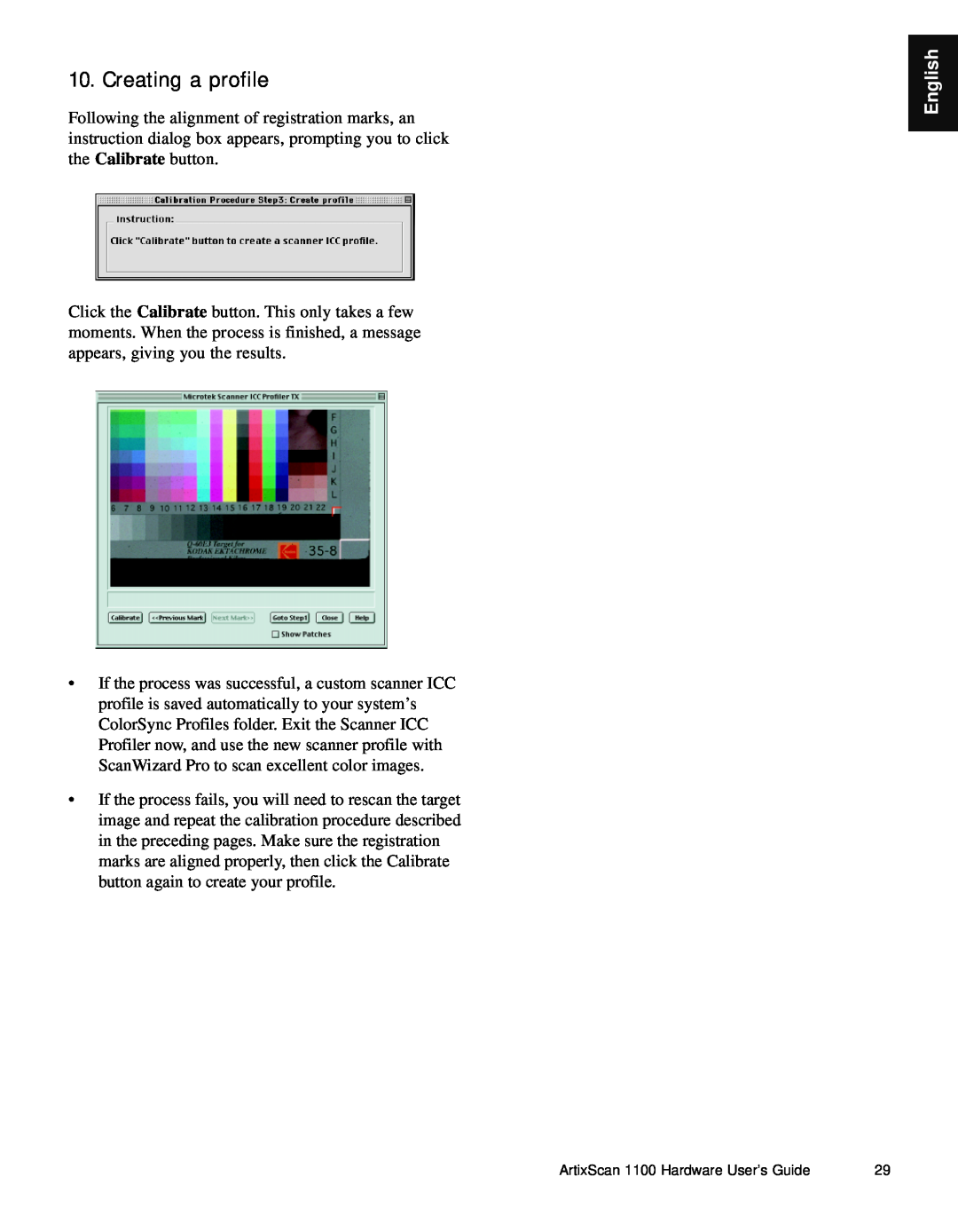 Microtek Artix Scan1100 manual Creating a profile, English 