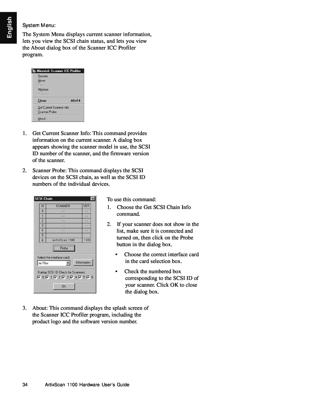 Microtek Artix Scan1100 manual English, System Menu, ArtixScan 1100 Hardware User’s Guide 