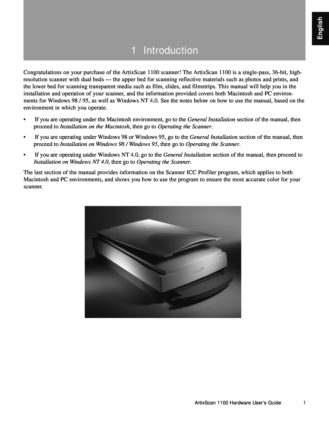 Microtek Artix Scan1100 manual Introduction, English, ArtixScan 1100 Hardware User’s Guide 