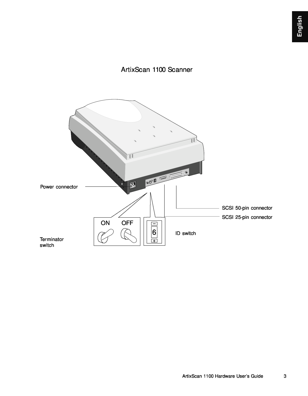 Microtek Artix Scan1100 manual ArtixScan 1100 Scanner, English, On Off, Power connector, Terminator switch 