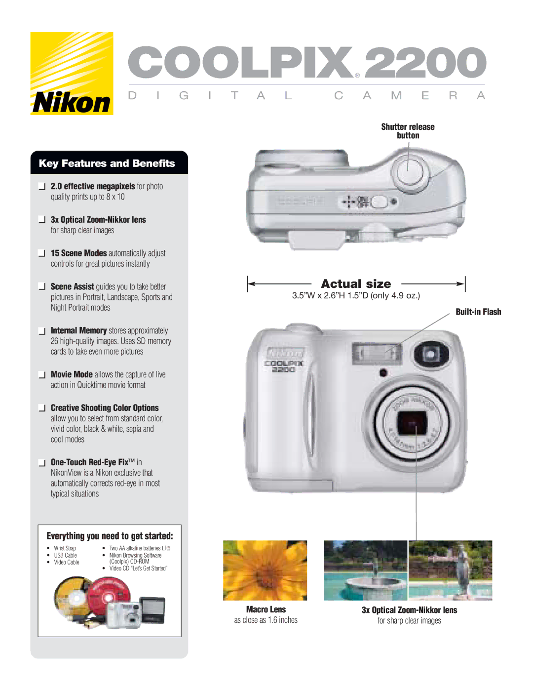 Microtek COOLPIX 2200 manual Key Features and Benefits, Macro Lens 3x Optical Zoom-Nikkor lens 