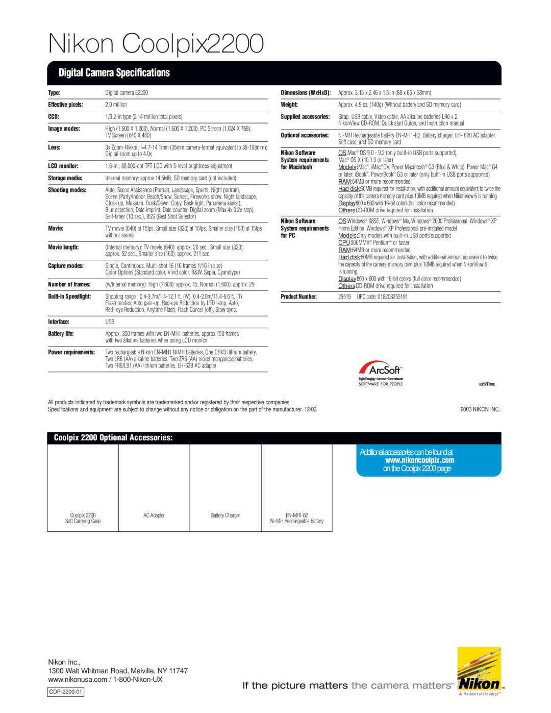 Microtek COOLPIX 2200 manual Digital Camera Specifications 