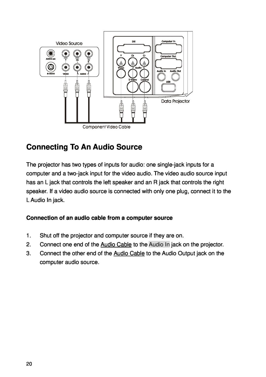 Microtek CX4 manual Connecting To An Audio Source, Connection of an audio cable from a computer source 