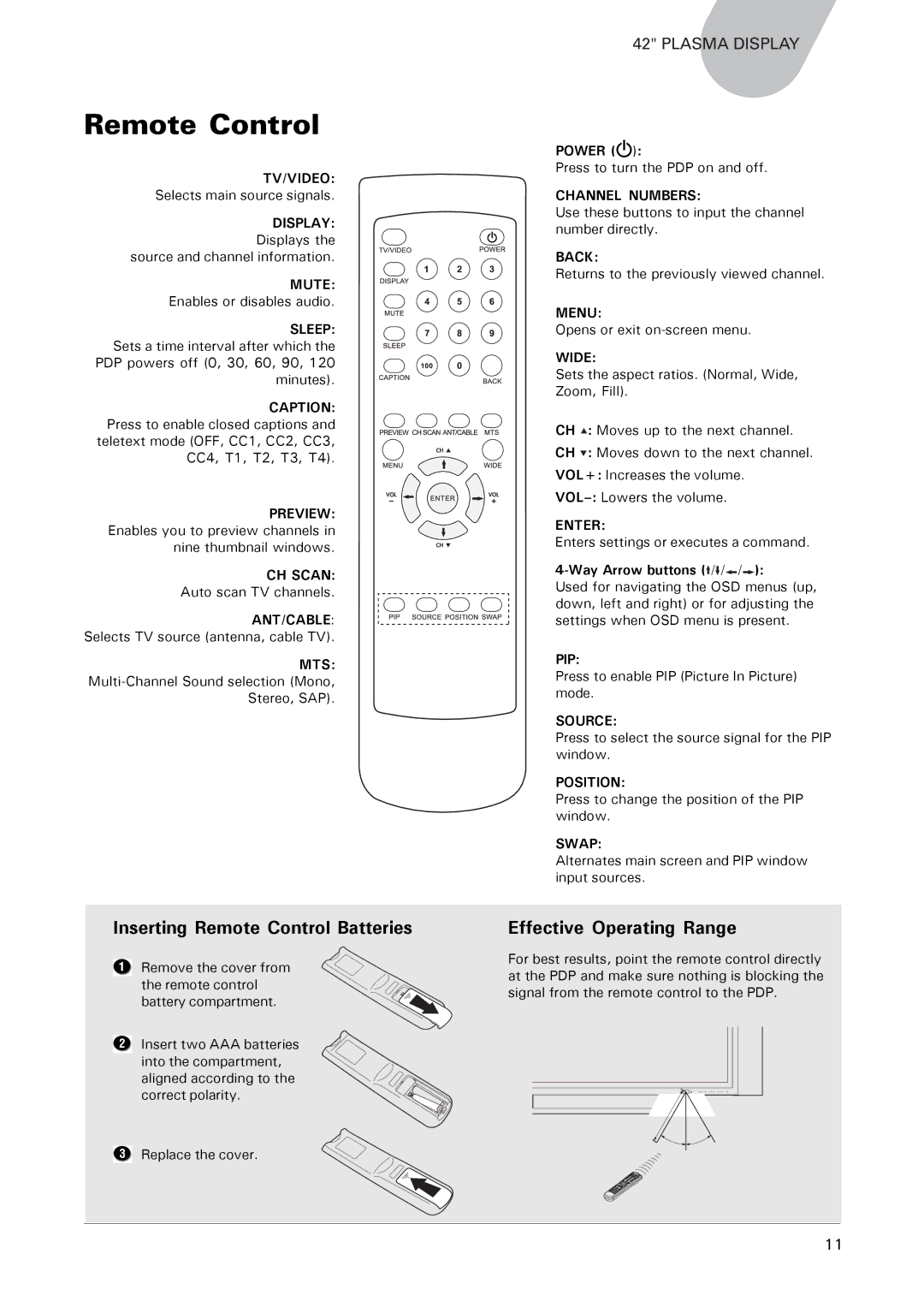 Microtek MHP1-HD user manual Inserting Remote Control Batteries, Effective Operating Range, Power, Way Arrow buttons 