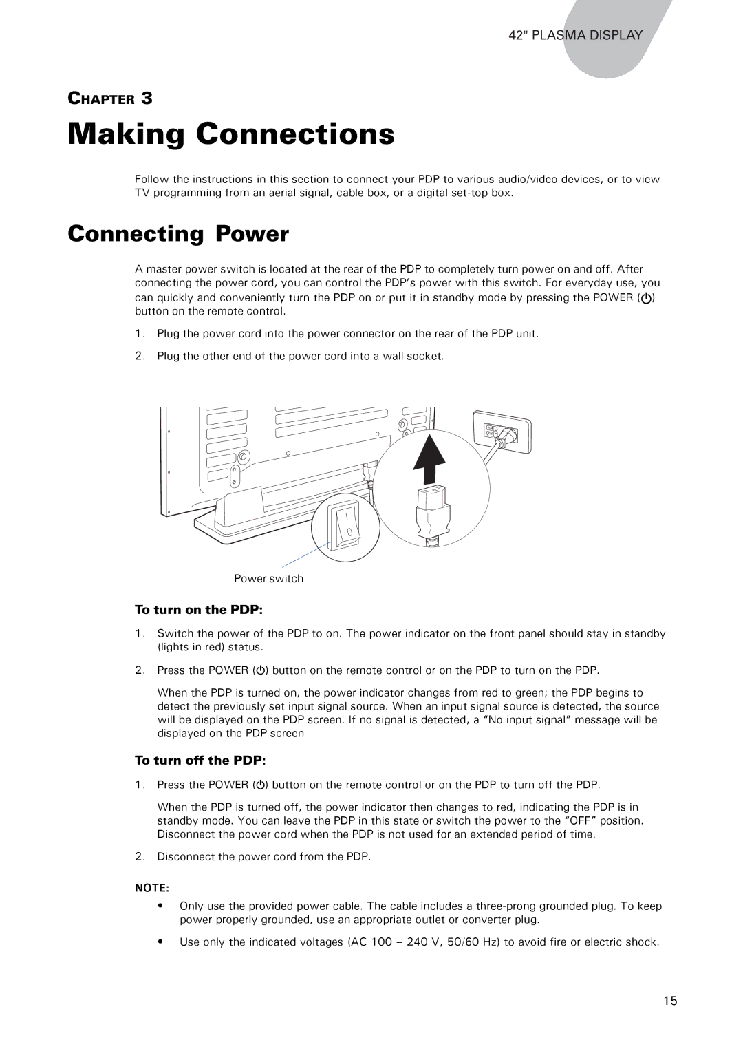 Microtek MHP1-HD user manual Making Connections, Connecting Power, To turn on the PDP, To turn off the PDP 