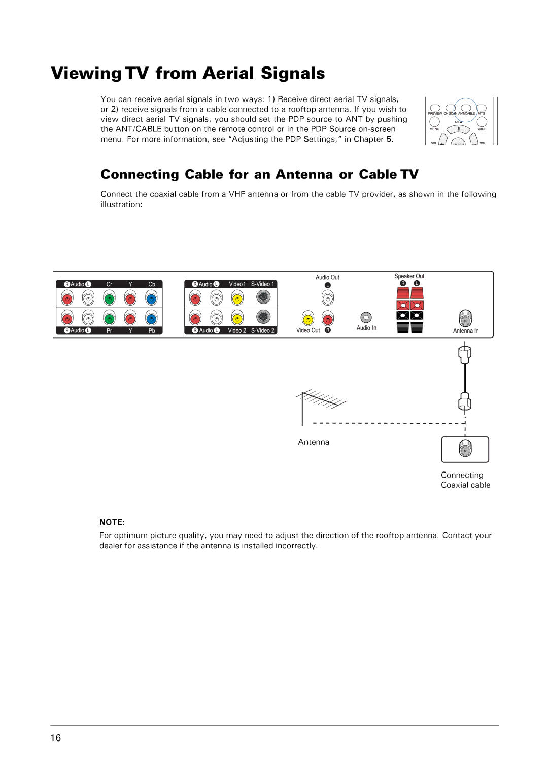 Microtek MHP1-HD user manual Viewing TV from Aerial Signals, Connecting Cable for an Antenna or Cable TV 