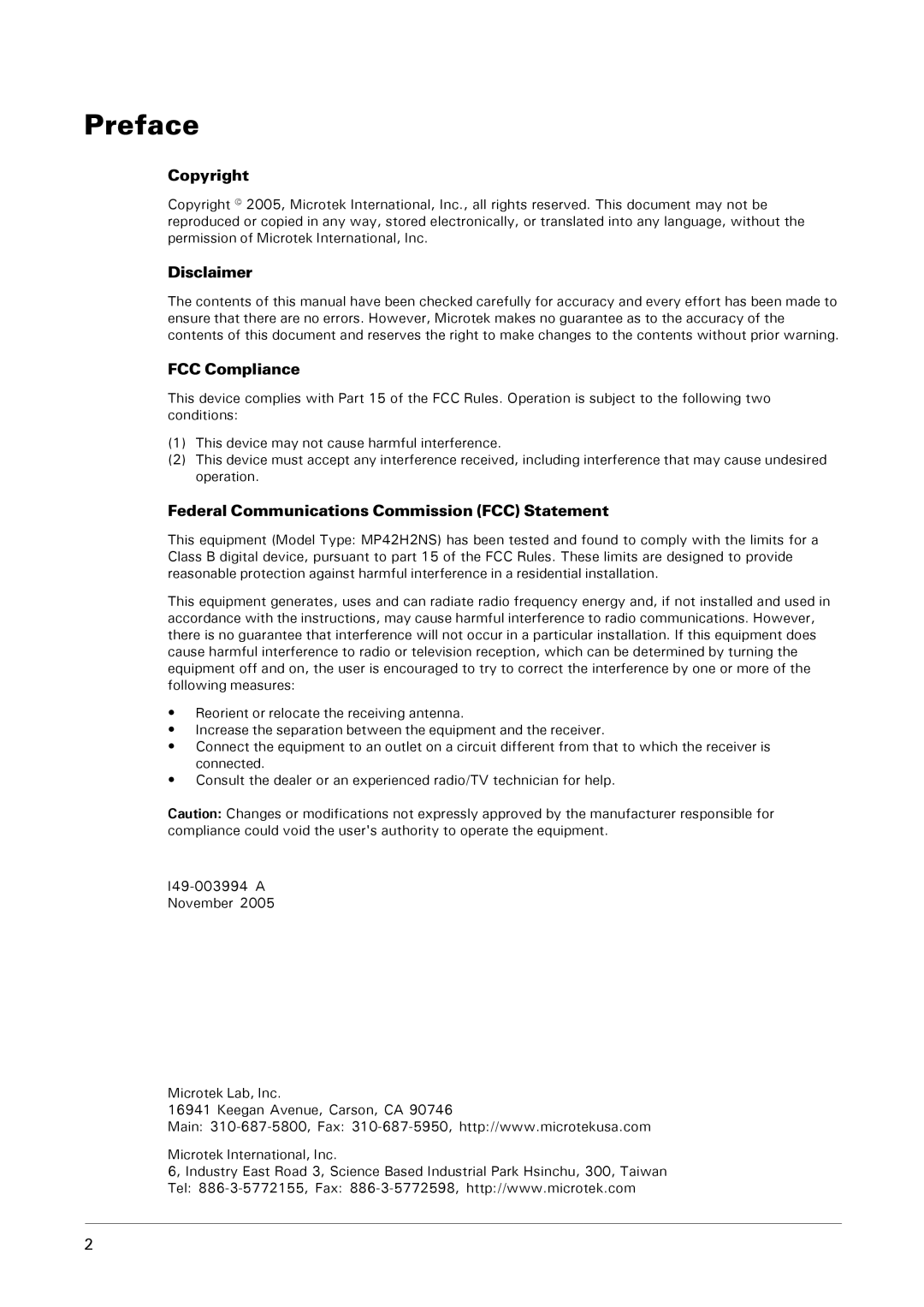 Microtek MHP1-HD Preface, Copyright, Disclaimer, FCC Compliance, Federal Communications Commission FCC Statement 