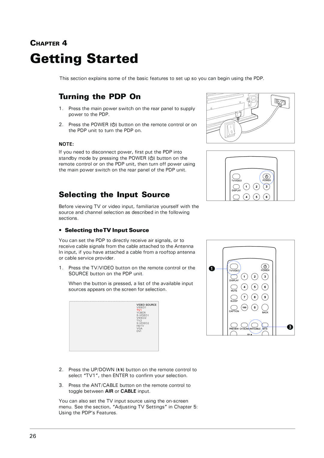 Microtek MHP1-HD user manual Getting Started, Turning the PDP On, Selecting the Input Source, Selecting theTV Input Source 