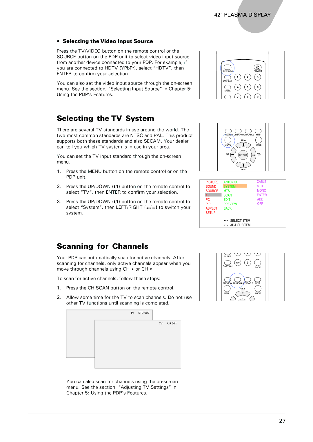 Microtek MHP1-HD user manual Selecting the TV System, Scanning for Channels, Selecting the Video Input Source 