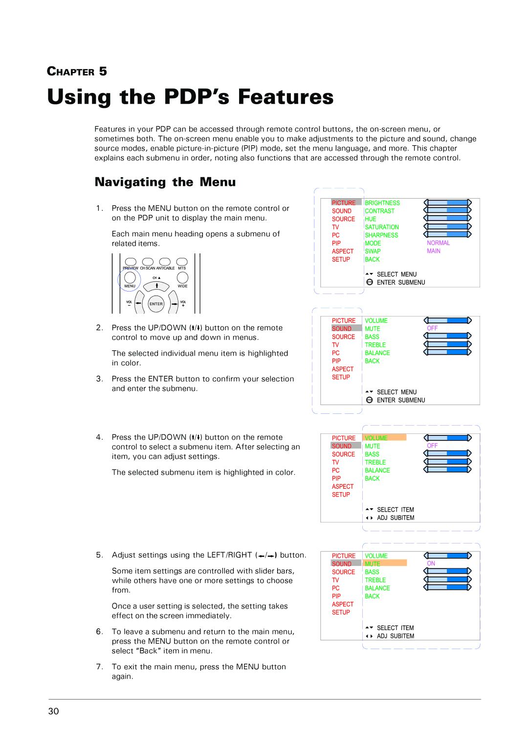 Microtek MHP1-HD user manual Using the PDP’s Features, Navigating the Menu 