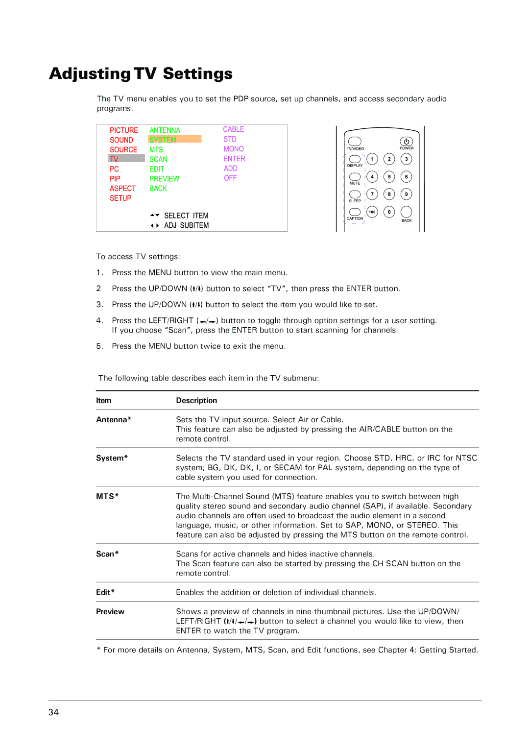 Microtek MHP1-HD user manual Adjusting TV Settings, System, Scan, Edit, Preview 