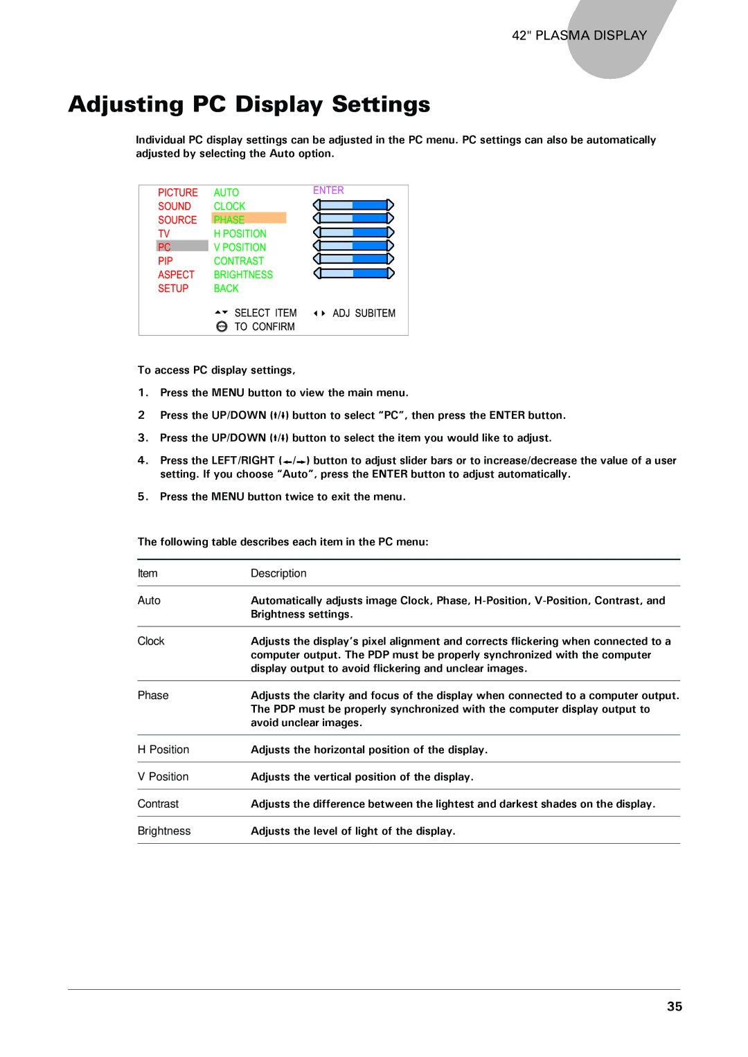 Microtek MHP1-HD user manual Adjusting PC Display Settings, Auto, Clock, Phase, Position 