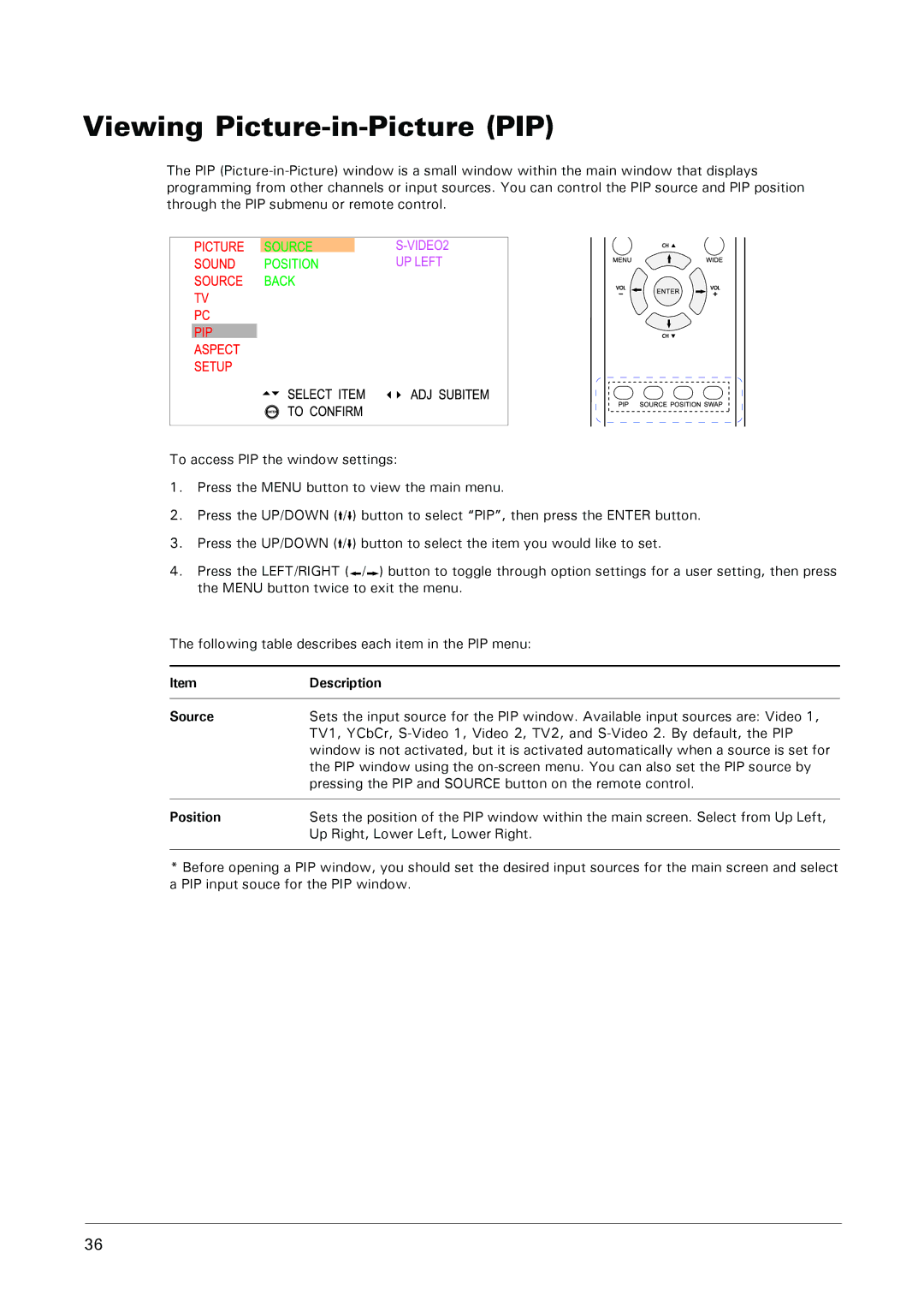 Microtek MHP1-HD user manual Viewing Picture-in-Picture PIP, Source 