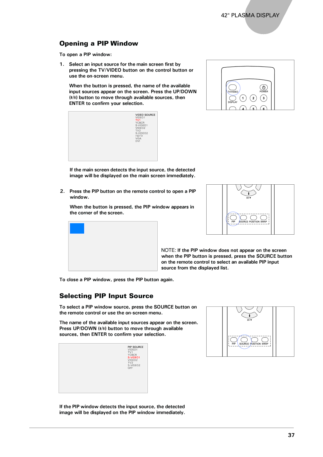 Microtek MHP1-HD user manual Opening a PIP Window, Selecting PIP Input Source 