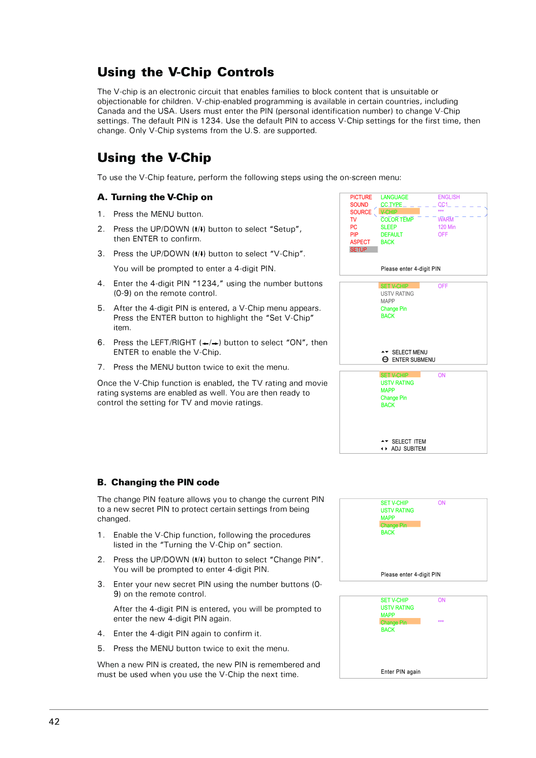 Microtek MHP1-HD user manual Using the V-Chip Controls, Turning the V-Chip on, Changing the PIN code 