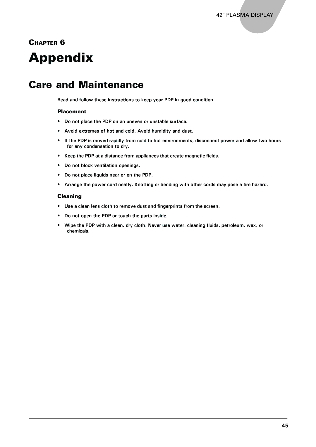 Microtek MHP1-HD user manual Appendix, Care and Maintenance, Placement, Cleaning 