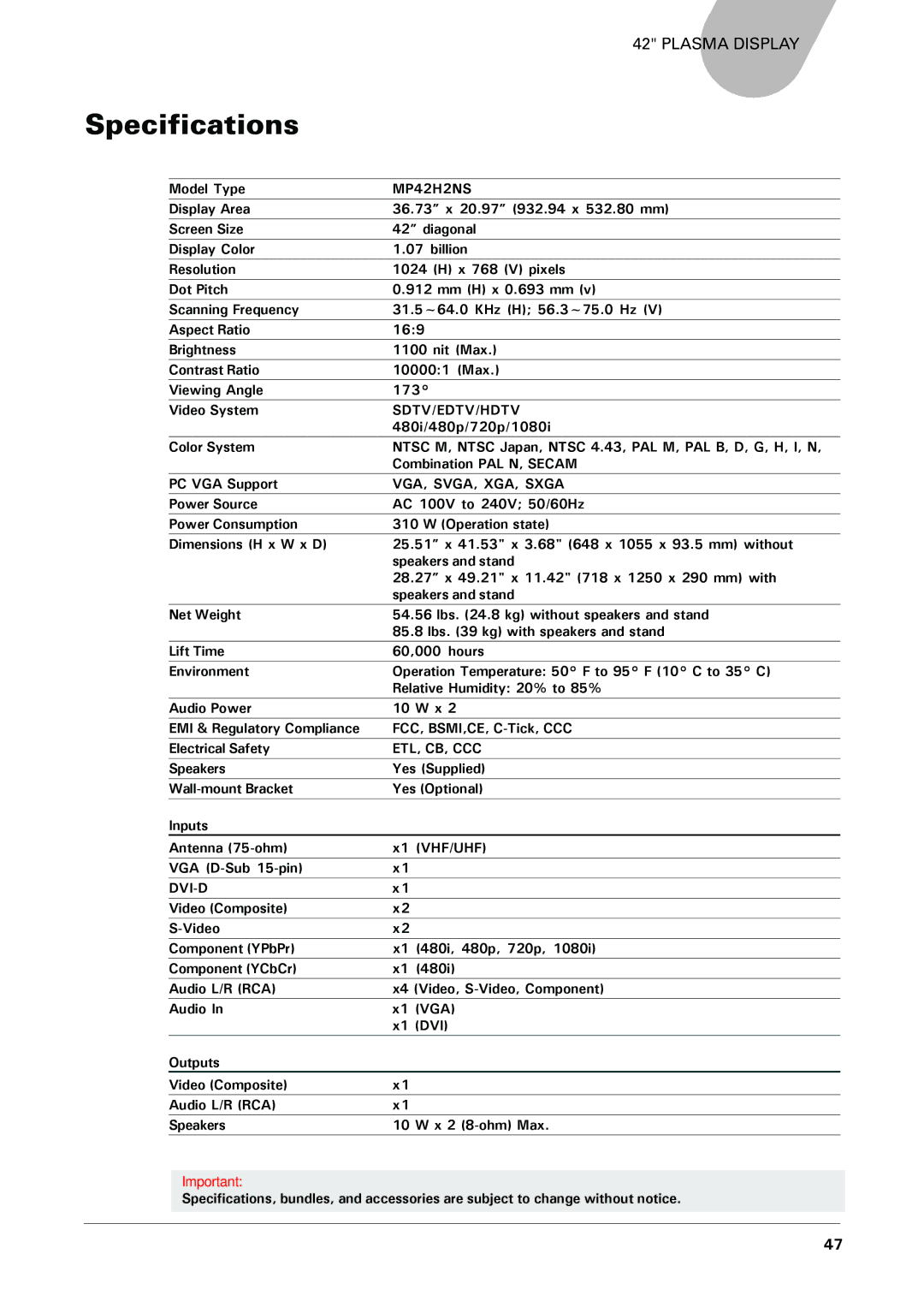 Microtek MHP1-HD user manual Specifications, MP42H2NS 