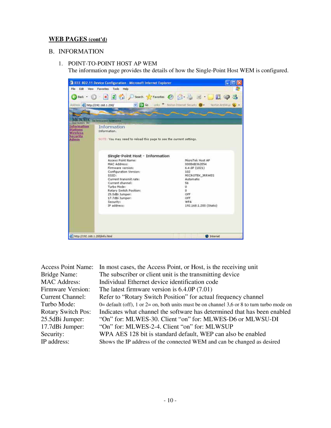 Microtek MiniLink manual Information, POINT-TO-POINT Host AP WEM 