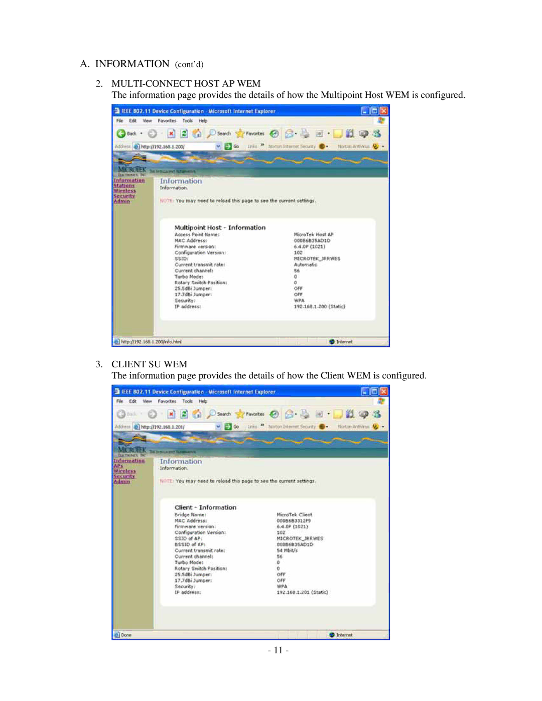 Microtek MiniLink manual Information cont’d, MULTI-CONNECT Host AP WEM, Client SU WEM 