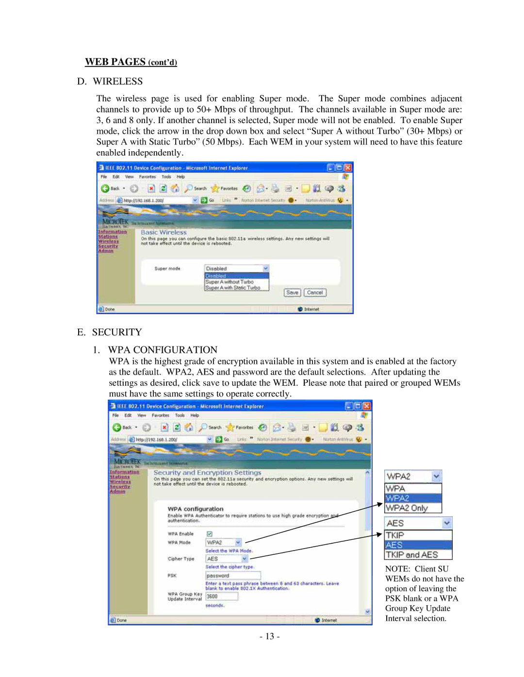 Microtek MiniLink manual Wireless, Security WPA Configuration 